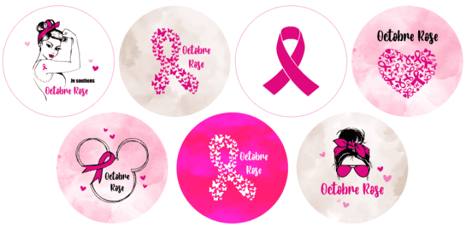 Lot de 7 Badges, Portes clés ou Magnets Rose